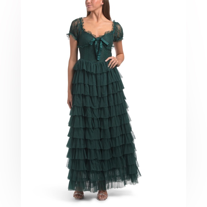Amy Jane London Sofia Tulle Maxi Dress Ponderosa Green Nwt Elegant Tiered